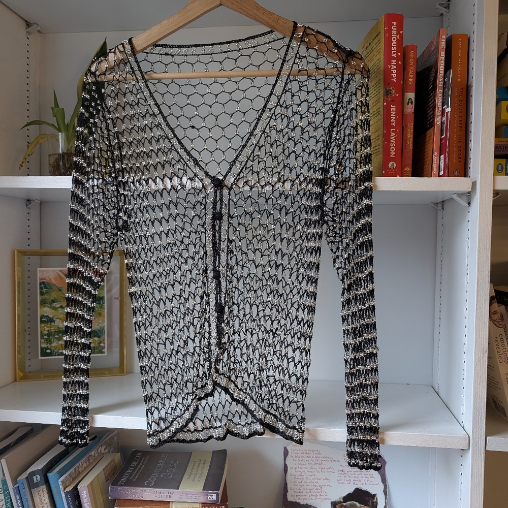 Mesh Net Cardigan Sheer Knit Black and Silver Beaded Small Festival Boho Rave - Picture 2 of 8